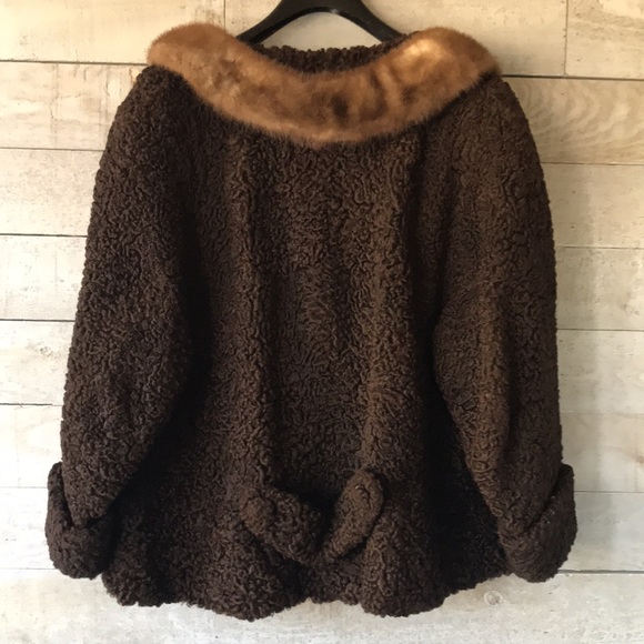 Mid-Century brown Persian lamb mink collar short coat - Picture 2 of 14